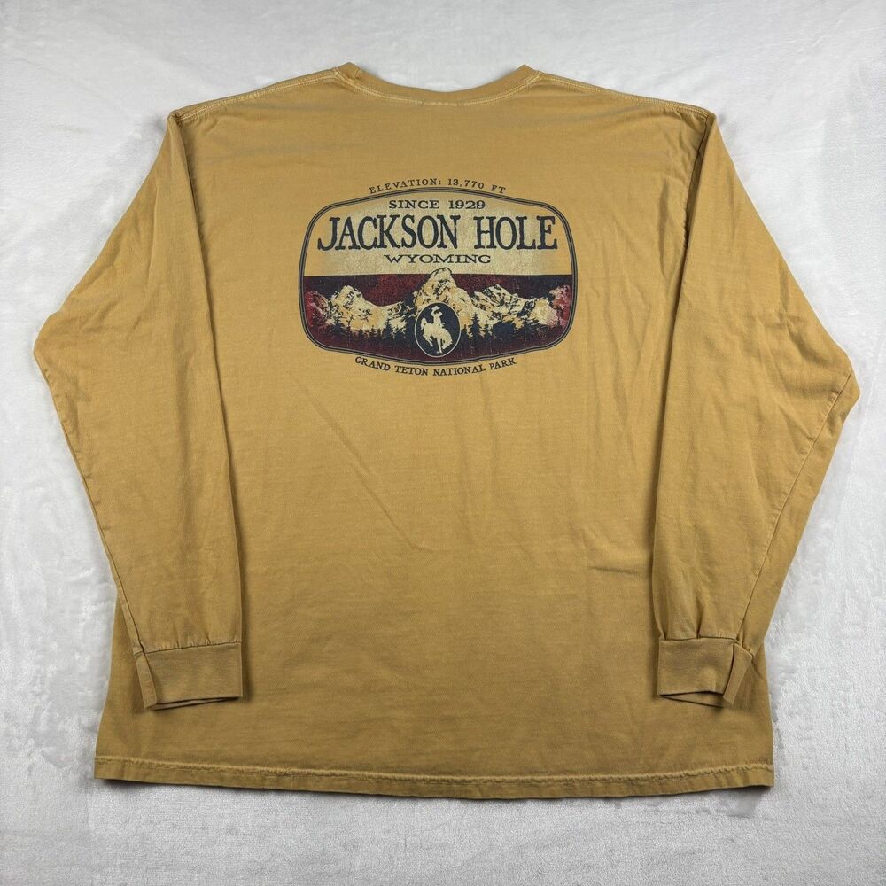 Vintage Jackson Hole Wyoming Grand Teton Long Sleeve Shirt 2XL Yellow Outdoor